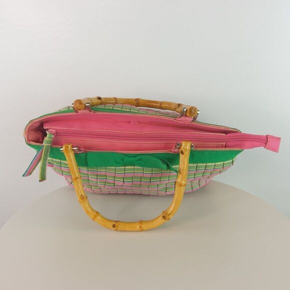 And pink plaid ruffled zip top handbag with faux w - Picture 6 of 17